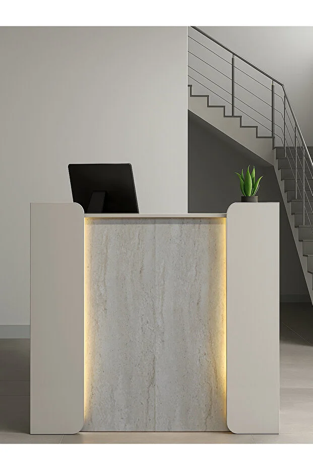 Passione Ledli Karşılama Bankosu 110 cm Ofis Kasa Resepsiyon Masası Kumtaşı - Traverten